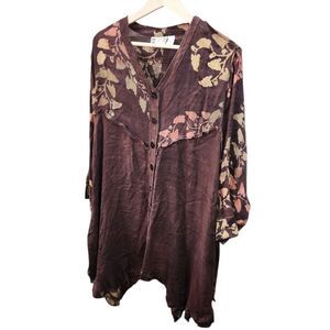 CHANTIK Sz 2X Maroon Vines Leaves Button Artsy Boho Lagenlook Tunic Blouse Shirt